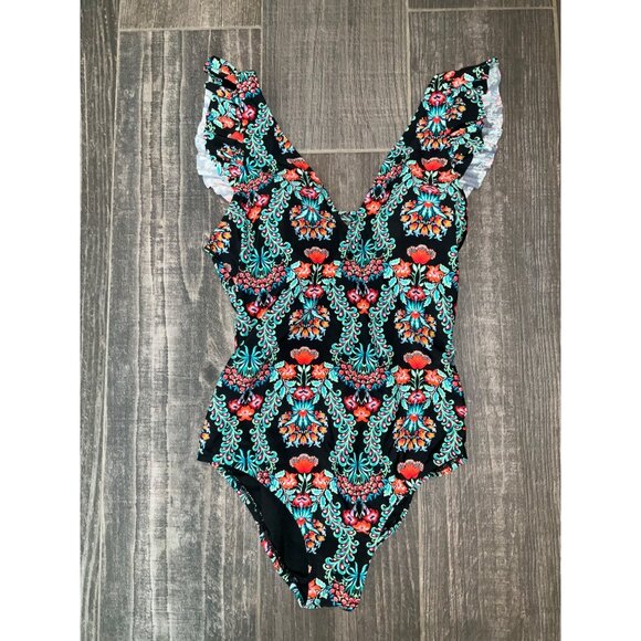 Jessica Simpson Floral Print Ruffled One-Piece Swimsuit Size Medium - Picture 1 of 4